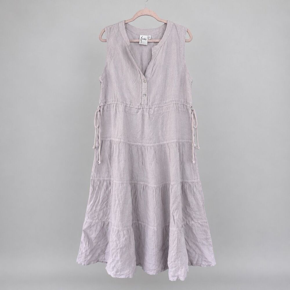 Finley Coastal Boho Linen Button Front Tiered Dress Natural Womens L